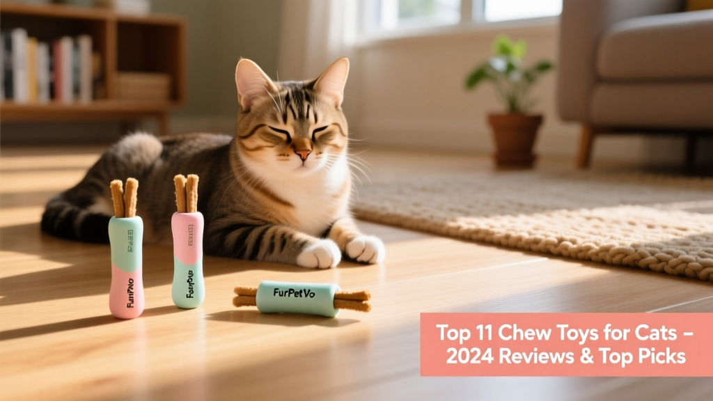 Three pastel-colored FurPetVo Catnip Stick toys arranged on a light wood floor next to a relaxed cat