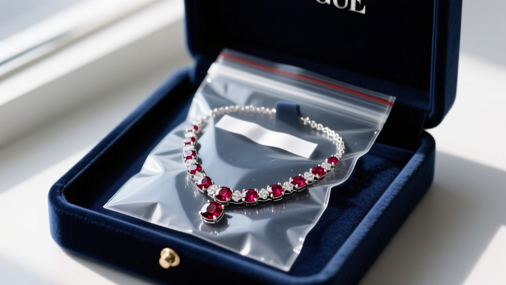 Polished sterling silver ruby necklace in a ziplock bag with an anti-tarnish strip inside a velvet-lined jewelry box