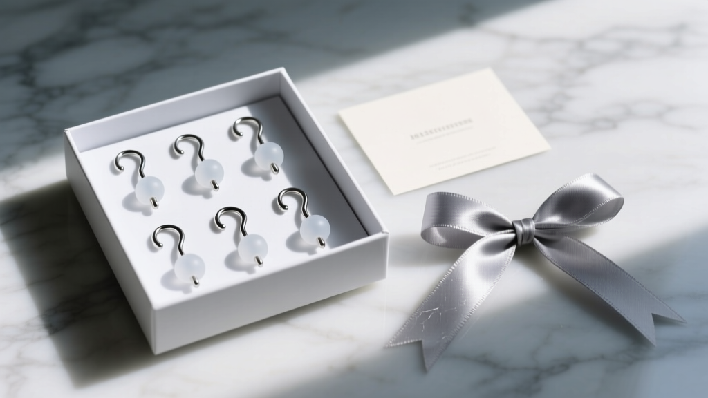 Flat lay of niobium French wire hooks with silicone stoppers in a gift box, beside a card and ribbon on a marble surface.