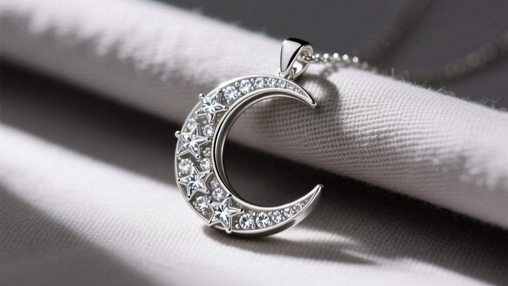 Close-up of a rhodium-plated sterling silver crescent moon pendant with pavé zirconia stars, displayed on soft grey linen fabric