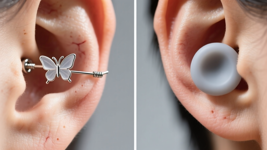 Diagram comparing weight distribution of a standard butterfly earring back versus a wide silicone disc back on a human earlobe.
