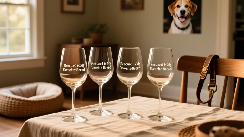 Set of four stemless wine glasses with 'Rescued is My Favorite Breed' etched on each