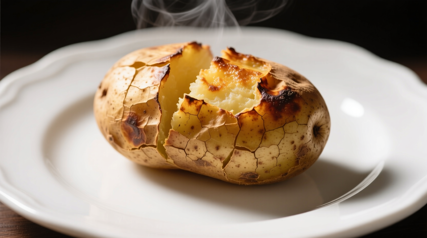 Medium baked potato with skin on white plate
