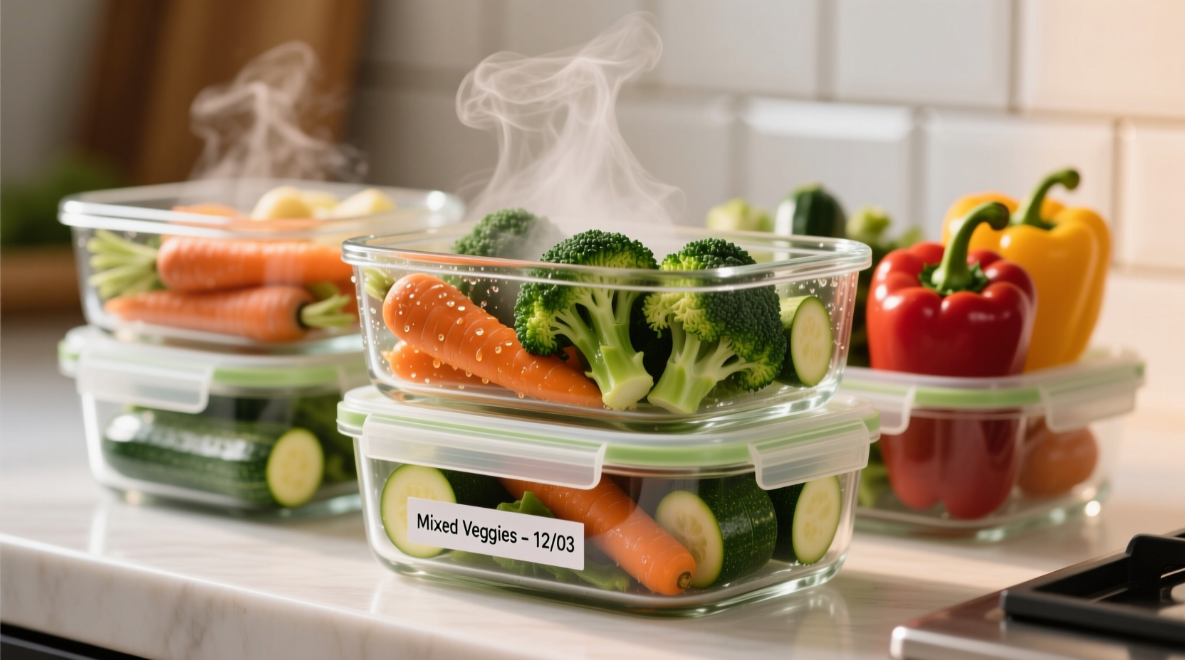 Cooked vegetables in glass storage containers
