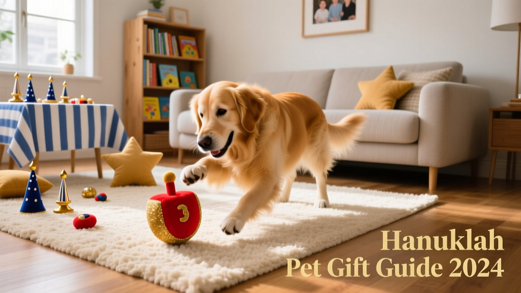A golden retriever playfully batting a plush dreidel toy on a cozy living room rug