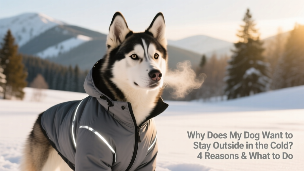 Close-up of a dog wearing a well-fitted insulated jacket, standing confidently on snowy ground with clear eyes and relaxed posture