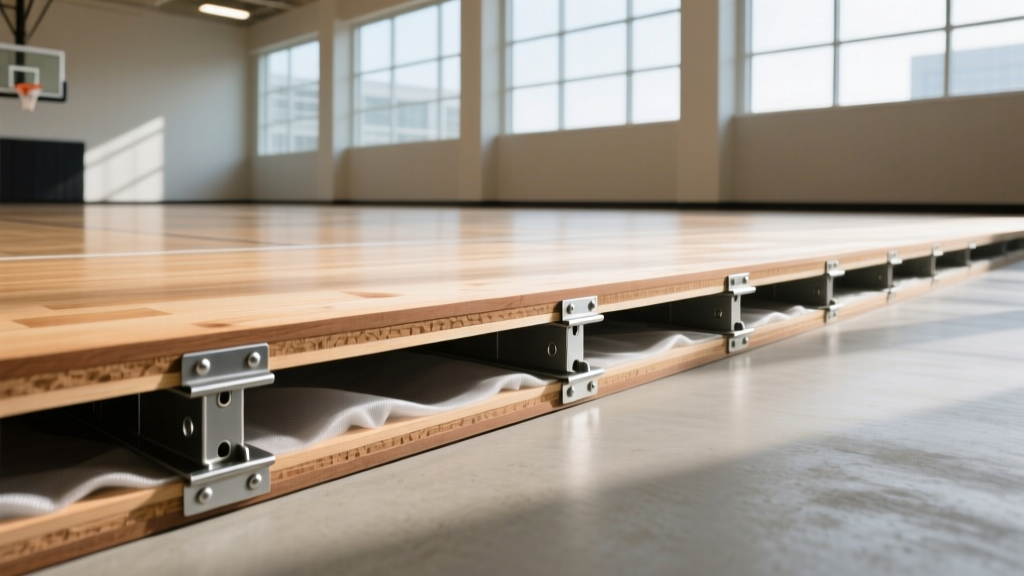 Cross-section of heavy-duty hard maple athletic flooring showing steel sleeper clips and vapor barrier in a commercial gymnasium
