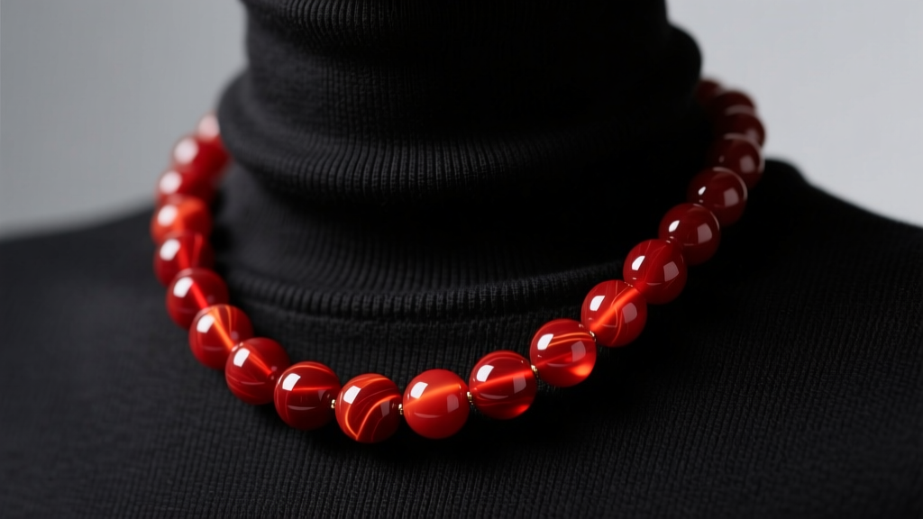 Red carnelian beaded necklace on a black turtleneck, showing high contrast and rich translucency of the polished gemstone beads