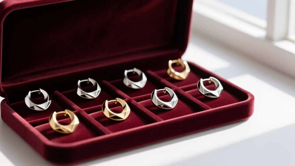 An open velvet tray displaying separated double huggie hoop earrings in individual slots to prevent metal scratching and tangling.