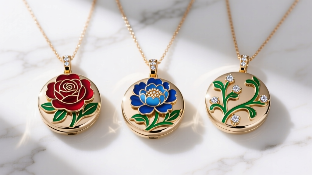 Flat lay of three Estee Lauder solid perfume pendant necklaces featuring enamel floral motifs and rhinestone accents on white marble