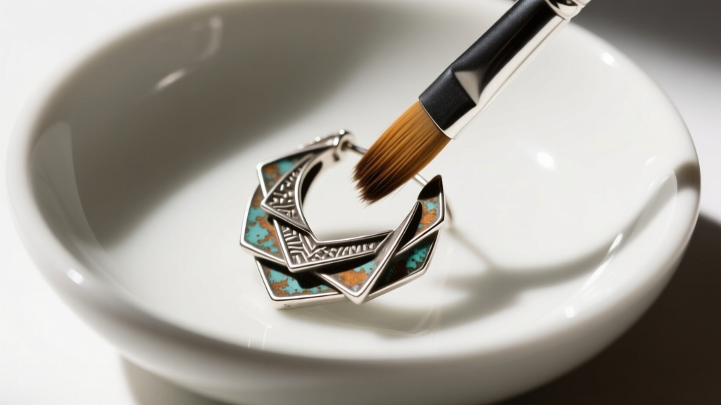 Soft brush cleaning deep crevices of an oxidized sterling silver sculptural earring over a white ceramic bowl, macro focus
