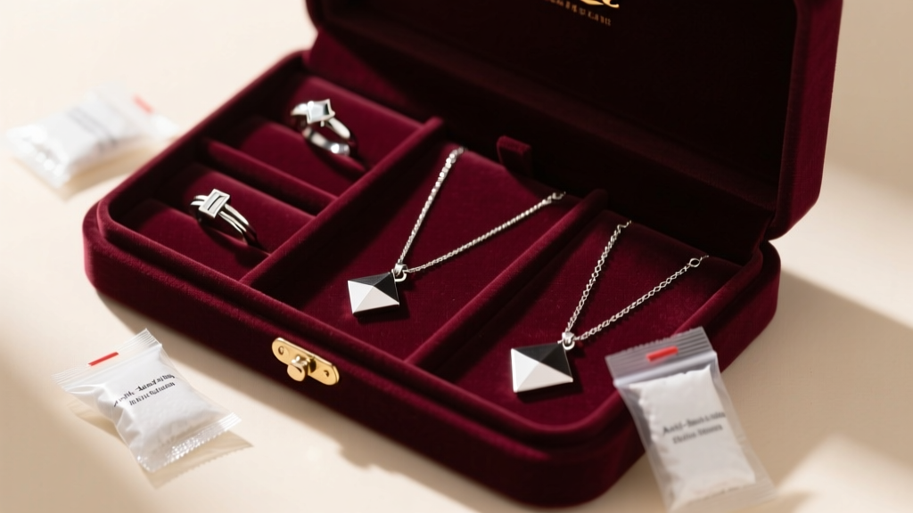 Flat lay of stainless steel jewelry organized in a velvet-lined storage box with anti-tarnish silica gel packets placed nearby.