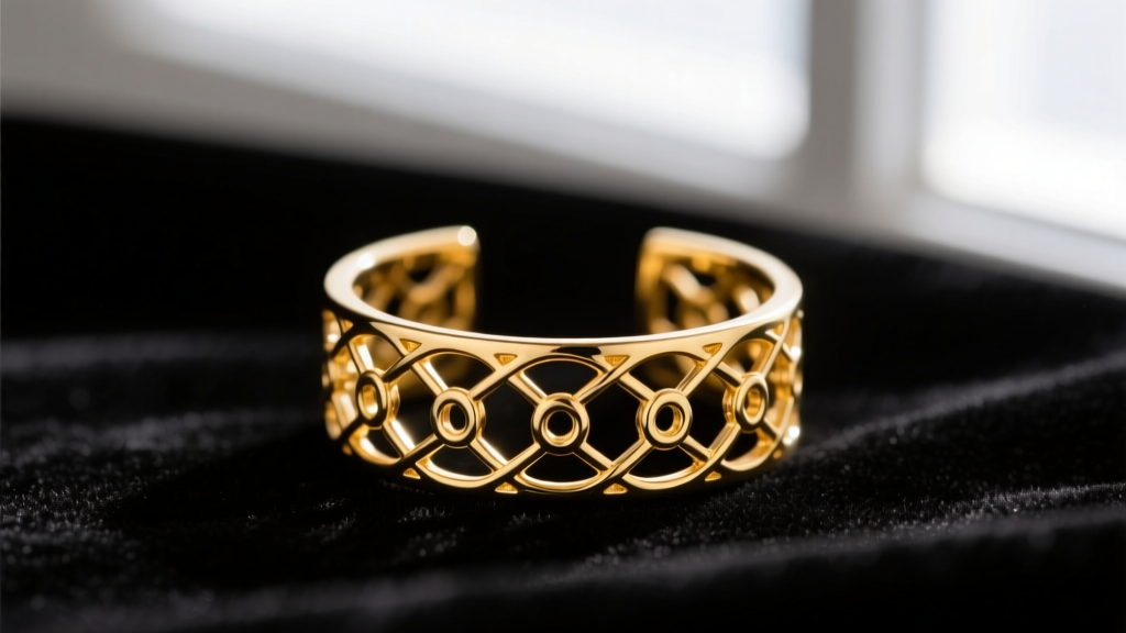 Macro shot of a 14k yellow gold filigree ear cuff, highlighting structural integrity of the metal against dark velvet background.