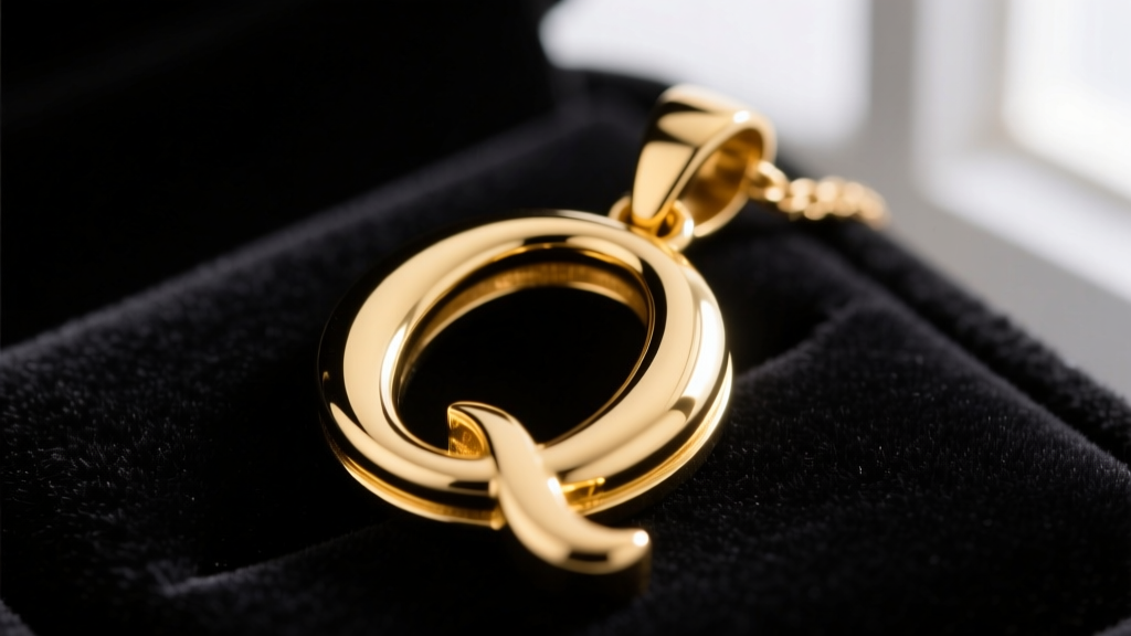 Macro shot of a 14k yellow gold letter Q pendant on black velvet, highlighting the thick structural tail and polished bezel edge