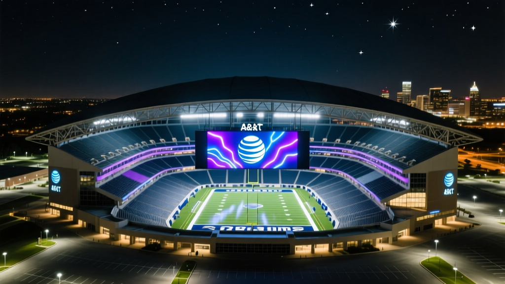 Aerial view of AT&T Stadium in Arlington Texas featuring the massive retractable roof and glowing center-hung video board at night