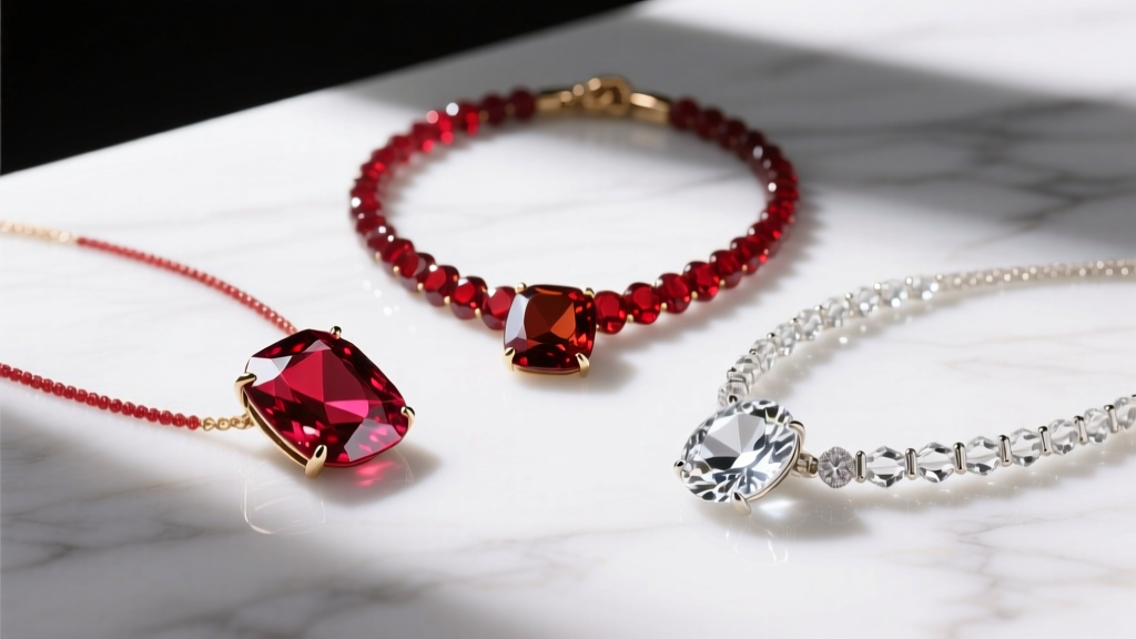 Flat lay comparison of three red gemstone collar necklaces featuring lab ruby, red garnet, and glass crystal on a marble surface