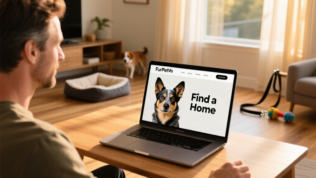 A laptop screen showing the FurPetVo website interface with an Australian Cattle Dog photo and 'Find a Home' call-to-action