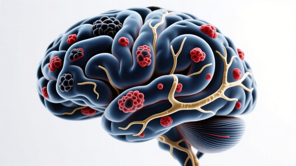 Microscopic view of beta-amyloid plaques in brain tissue compared to healthy neural pathways in aging canines