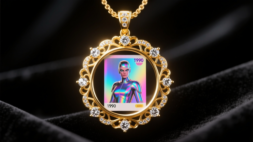 Close-up of an 18k gold diamond pendant housing a vintage holographic trading card on dark velvet under bright studio lighting.