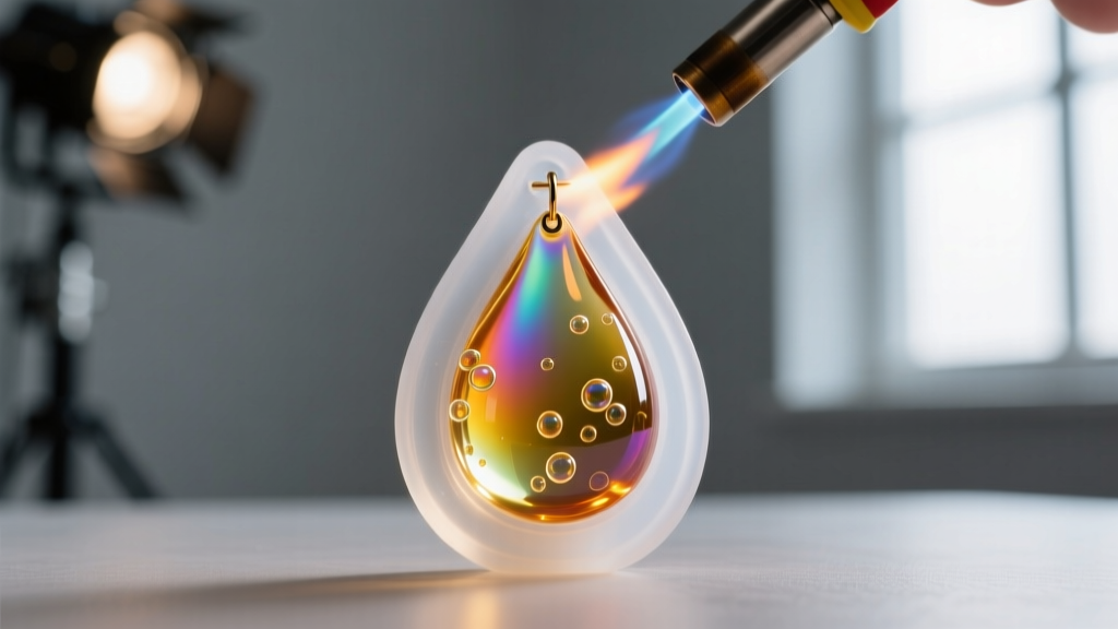 A small butane torch being passed quickly over wet resin in a silicone teardrop earring mold to pop surface micro-bubbles.