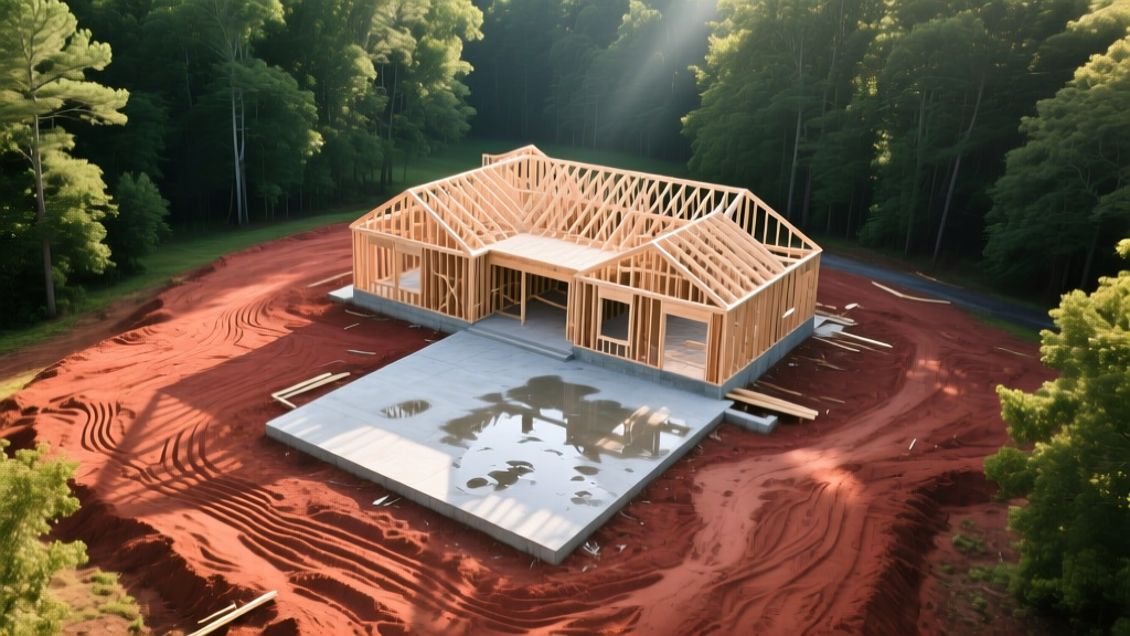 Aerial view of a new residential construction site in North Carolina with red clay soil, wooden framing, and concrete slab in a wooded lot