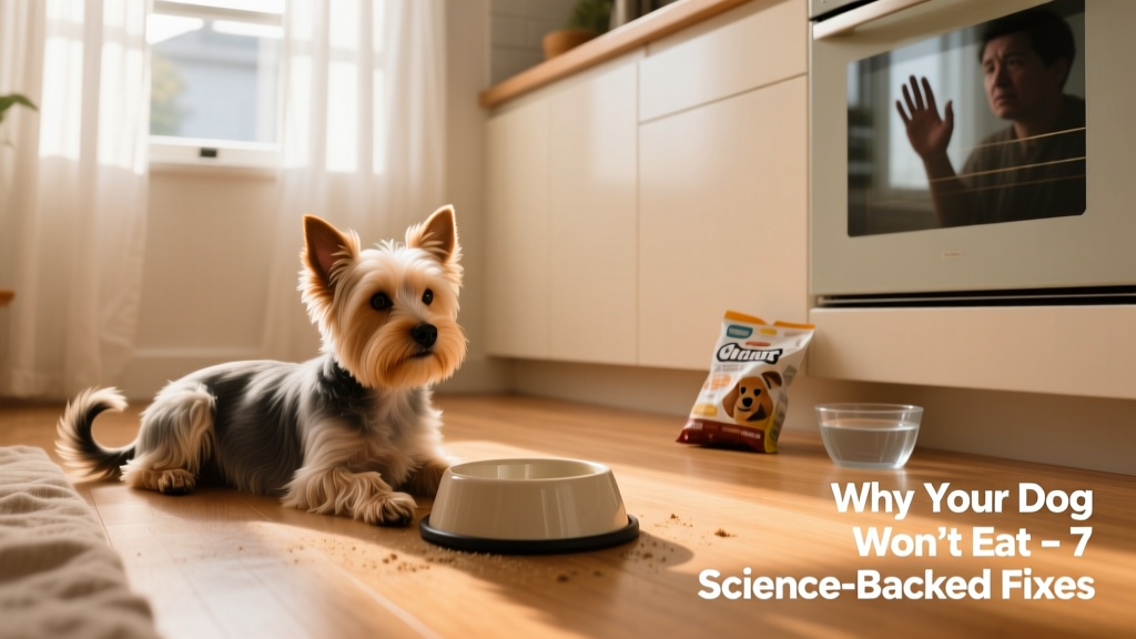 A small dog lying beside an untouched food bowl, looking disinterested.