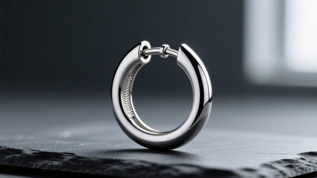 Macro shot of an 18-gauge implant-grade titanium huggie hoop with a hinged clicker closure, resting on a dark slate surface.