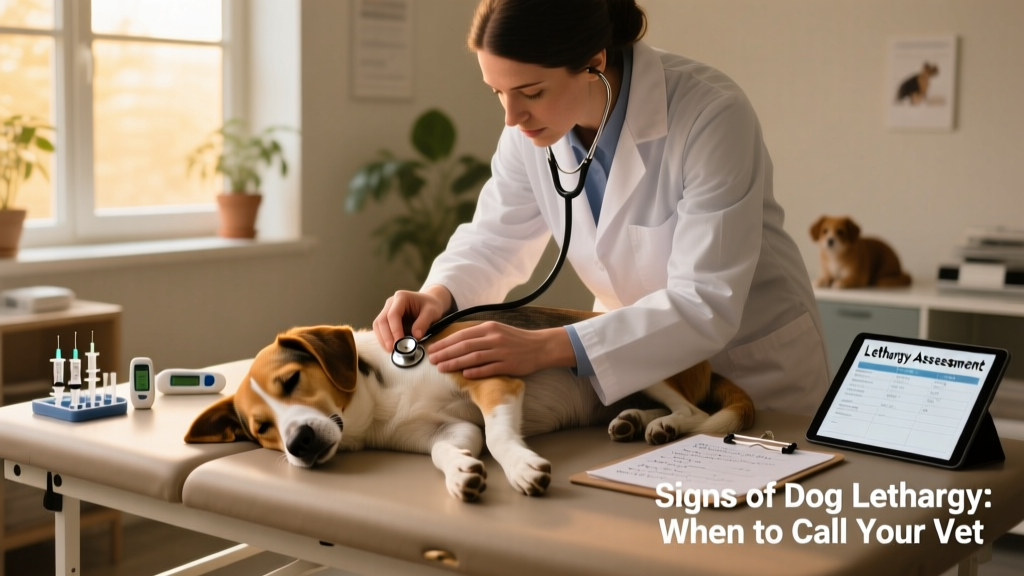 A veterinarian gently examining a lethargic dog during a wellness checkup, with diagnostic tools visible nearby