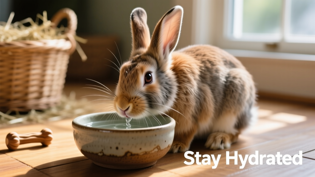 Rabbit drinking fresh water from a ceramic bowl, highlighting importance of hydration