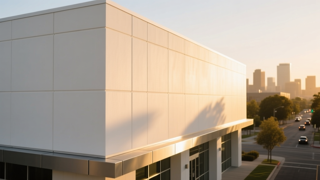 Modern commercial building exterior featuring smooth white EIFS stucco cladding with deep reveal joints and aluminum flashings