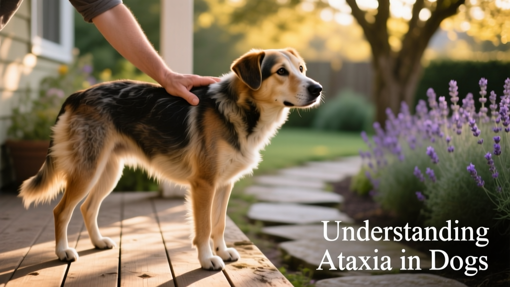 A dog showing signs of unsteadiness while standing, with gentle human support nearby
