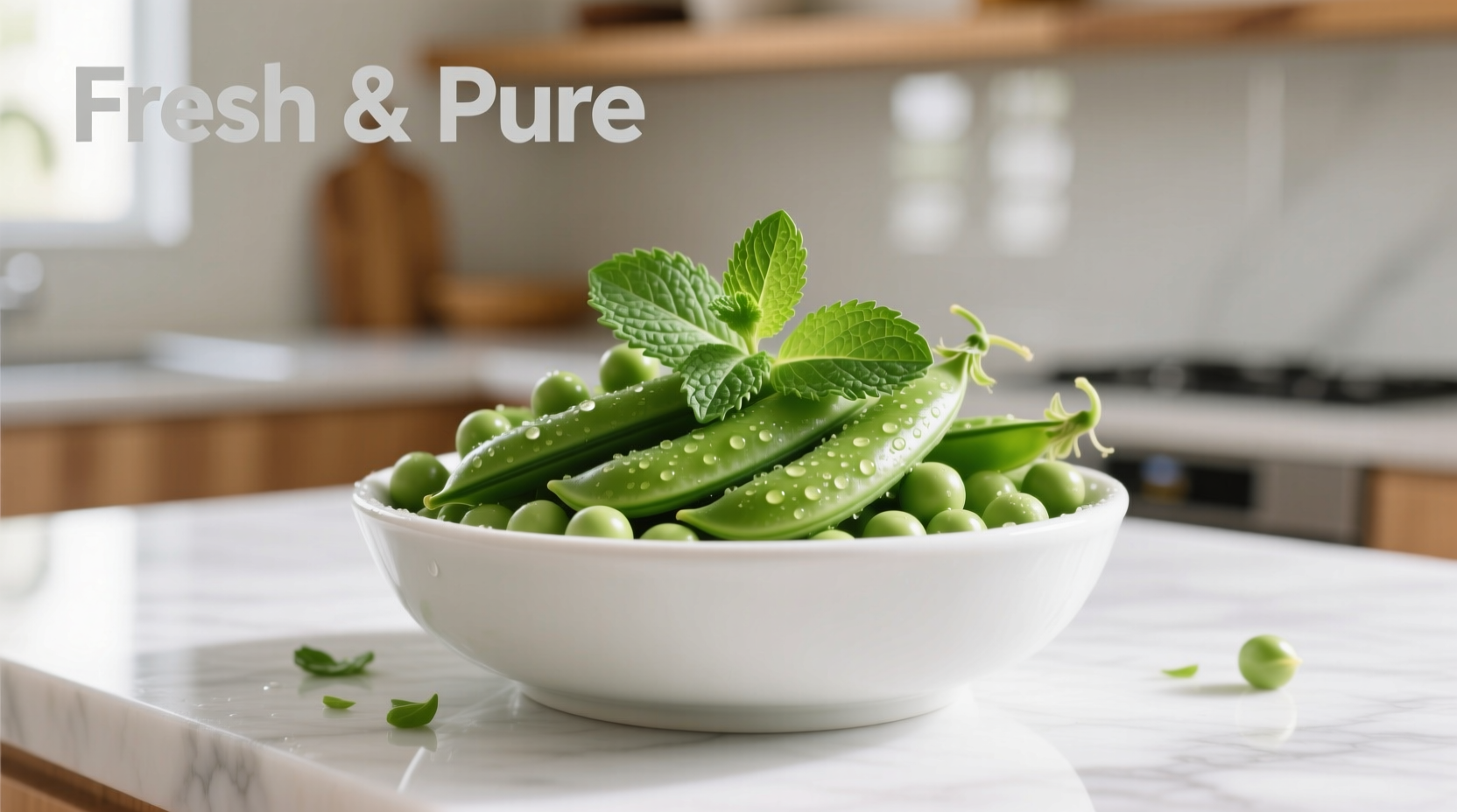 Fresh green peas in a white bowl with mint garnish