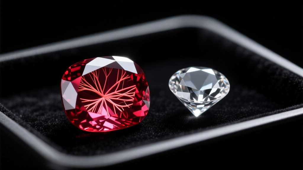 Macro view of a natural ruby with silk inclusions beside a lab-grown ruby on a dark velvet tray under bright studio lighting