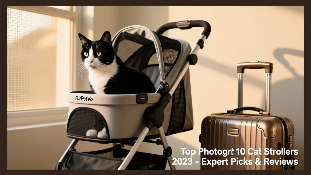 A black-and-white tuxedo cat peering out from the mesh window of a compact, modern FurPetVo 5-in-1 stroller parked beside a suitcase