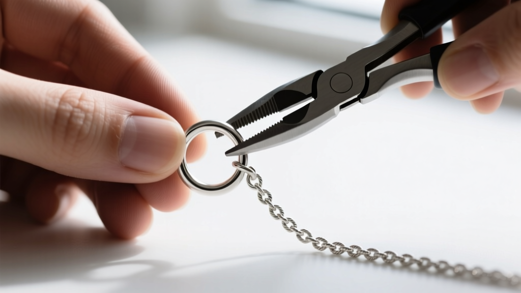 Macro shot of a jeweler using smooth-jaw pliers to close a 20-gauge sterling silver jump ring on a delicate cable chain.