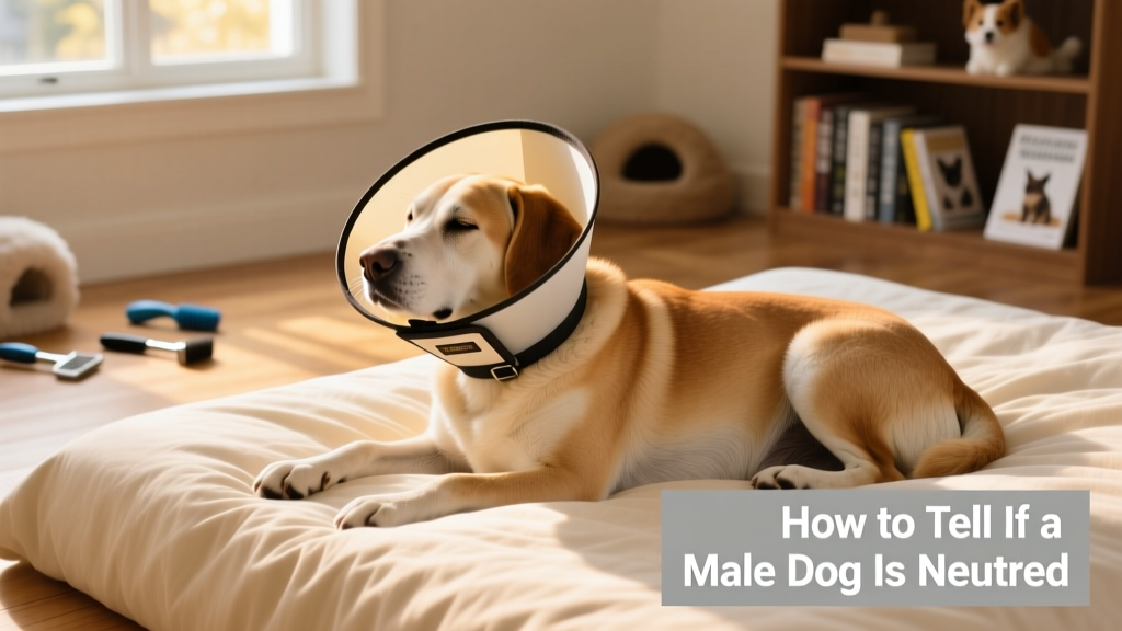 Dog wearing a properly fitted e-collar while resting calmly on a soft bed