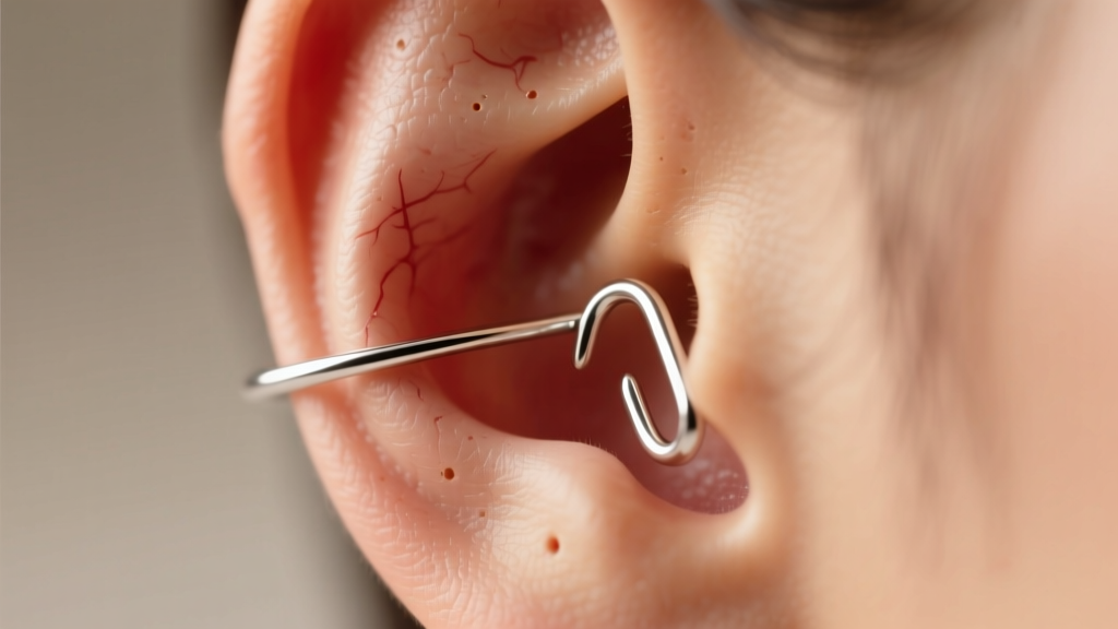 Macro shot of a 20-gauge sterling silver shepherd hook earring wire passing through a pierced earlobe in soft, warm studio focus.