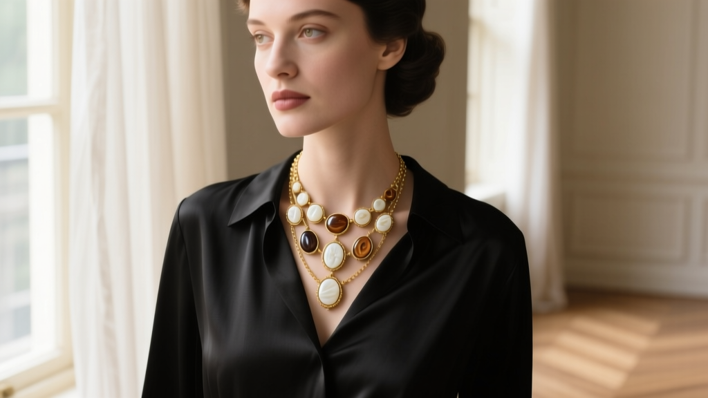 Woman wearing a layered 1928 cameo necklace on a delicate gold chain, paired with a modern black silk blouse in soft window light