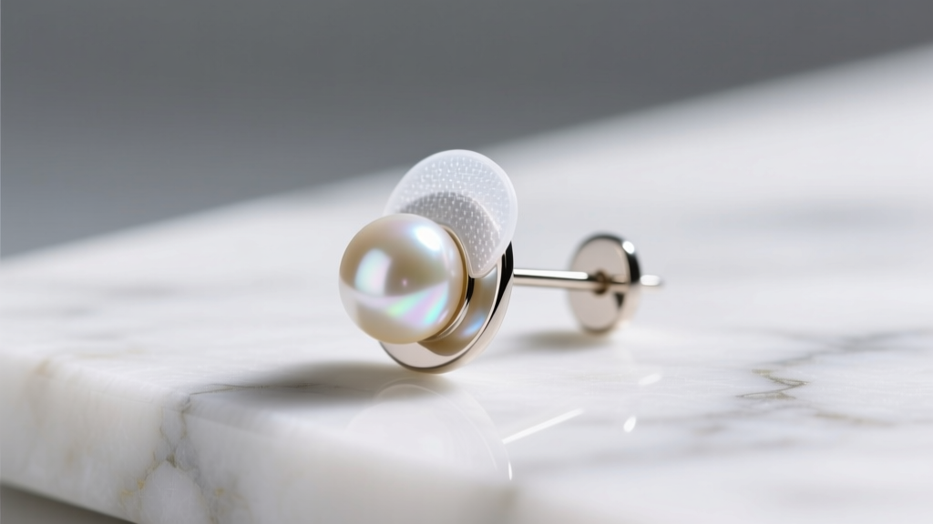 Macro shot of clear medical silicone adhesive on the flat metal backing of a faux pearl stick earring resting on a marble surface
