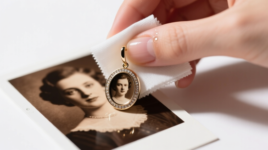 Hands wiping a photo earring with a damp microfiber cloth, carefully avoiding the metal bezel edges to prevent moisture seepage.