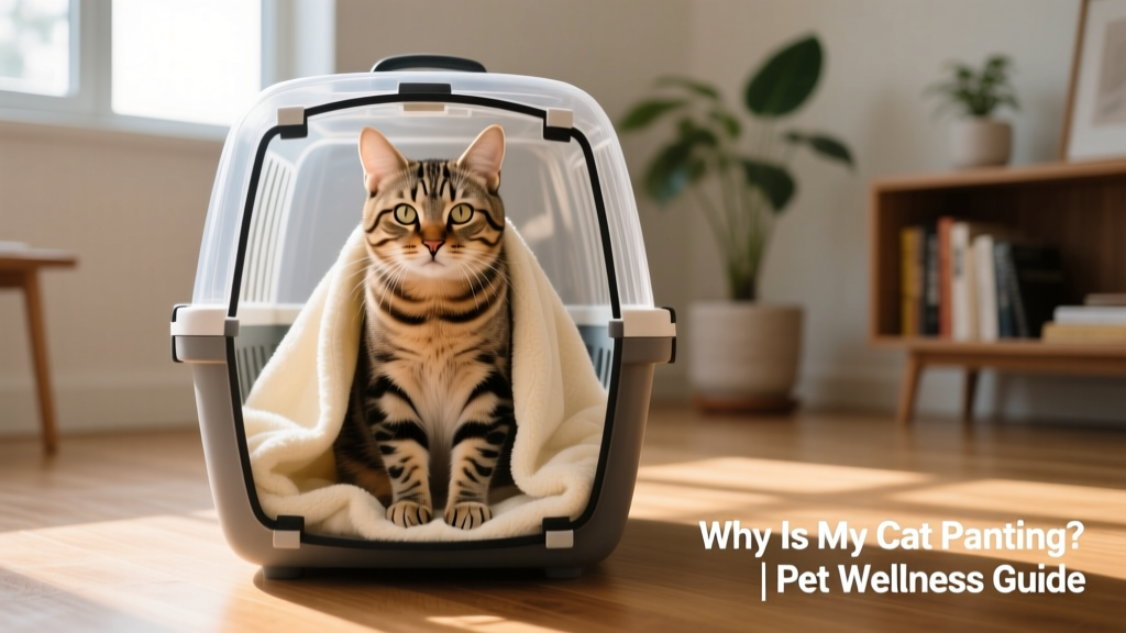 a tabby cat sitting calmly in a carrier with a soft blanket, looking slightly anxious but not panting