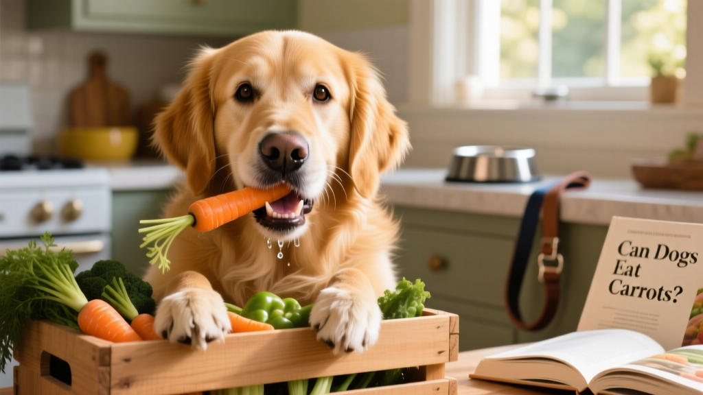 A golden retriever happily chewing a raw baby carrot
