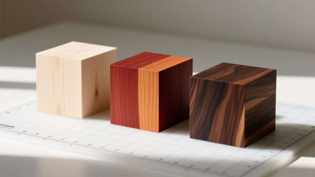 Three blocks of raw wood species, including pale basswood, reddish cherry, and dark walnut, arranged neatly on a cutting mat.