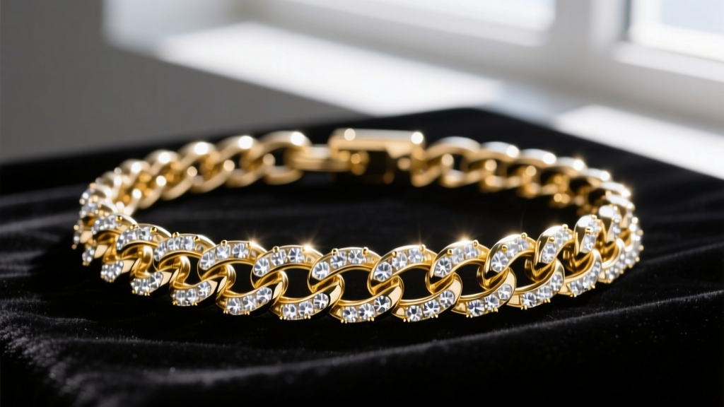 Macro shot of a stainless steel PVD gold-plated iced out tennis chain resting on dark velvet with a visible budget price tag