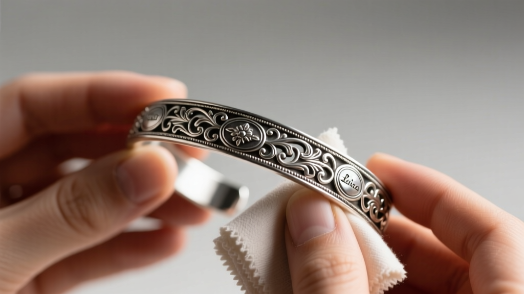 Hands gently polishing an intricate Brighton silver bangle bracelet with a soft untreated jewelry cloth under warm studio lighting.