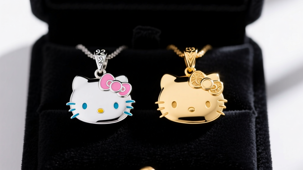 Macro shot of a sterling silver 925 Hello Kitty pendant with cold enamel next to a 14k solid gold version on a dark velvet pad.