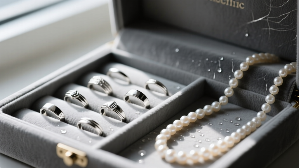 Close-up of jewelry box stand interior lined with charcoal Pacific Silvercloth, holding sterling silver rings and pearl necklaces.