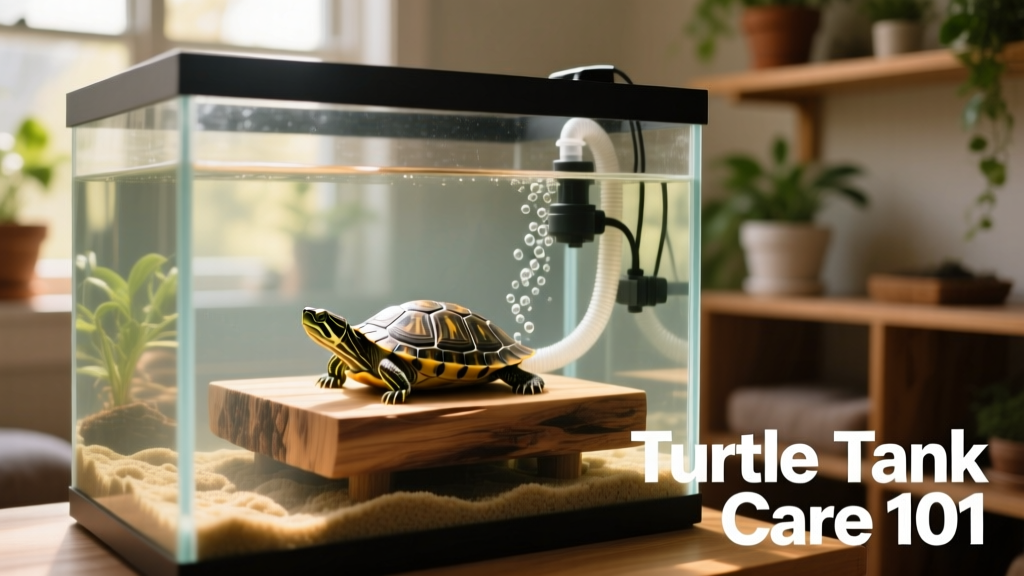 A well-maintained turtle tank with clear water, basking platform, and visible filtration system