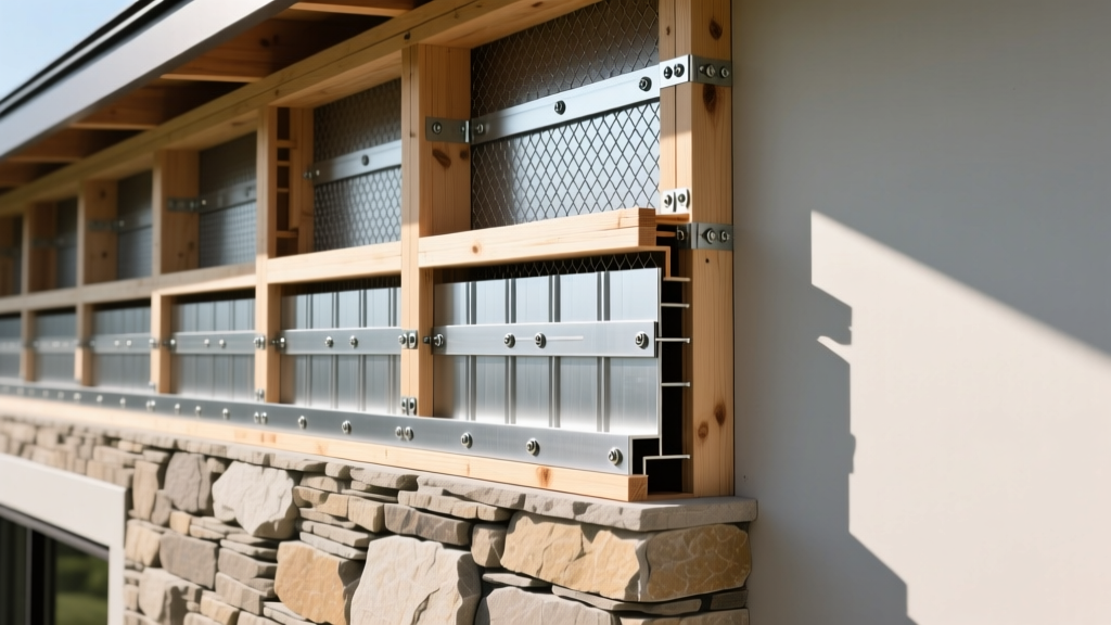 Cross-section cutaway of natural thin stone veneer installed over metal lath and weather resistive barrier on exterior wood stud framing
