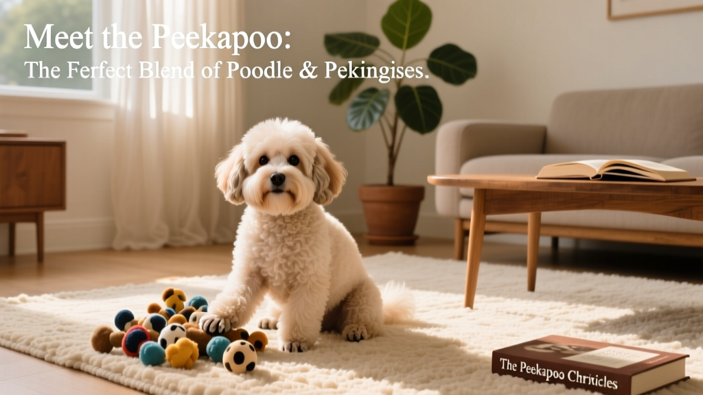 A friendly, fluffy Peekapoo sitting attentively on a cozy living room rug